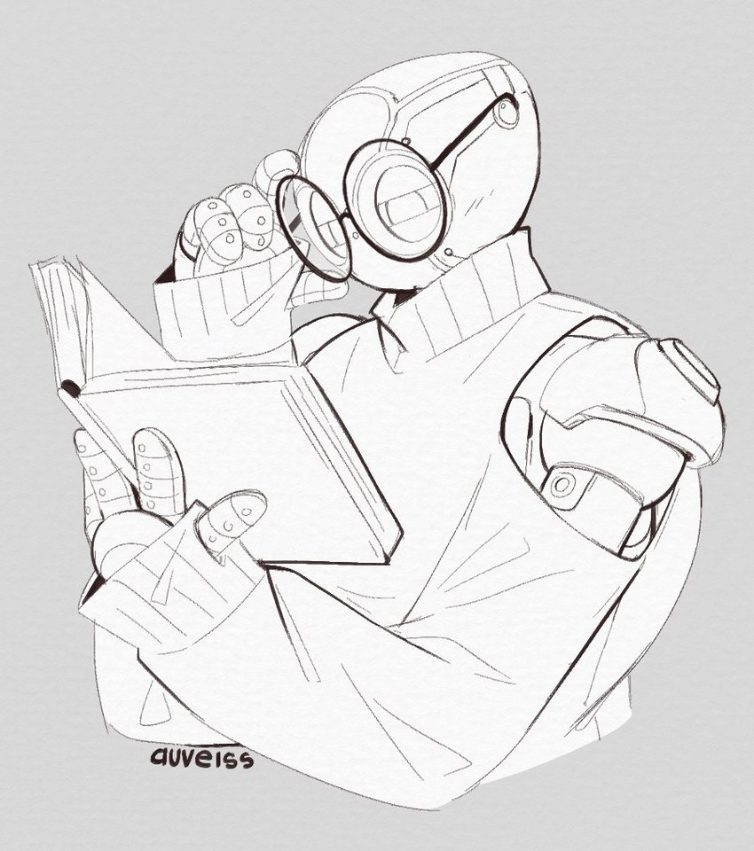 book clothing eyewear glasses hoodie reading reading_book solo sweater topwear auveiss the_wild_robot roz_(the_wild_robot) 2025 digital_media_(artwork) monochrome signature sketch