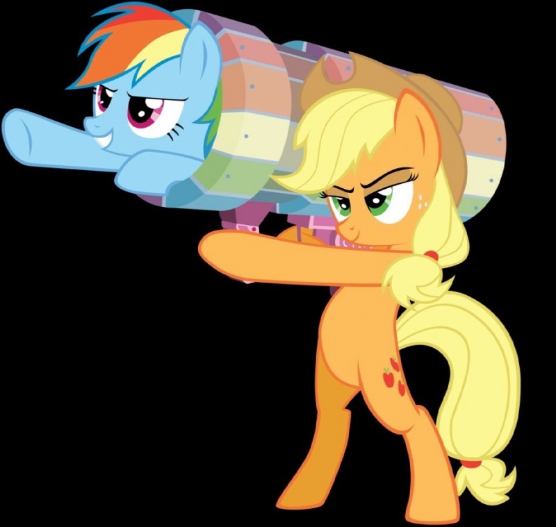 blonde_hair clothing cutie_mark duo female feral freckles green_eyes hair hat headgear headwear launcher multicolored_hair rainbow_hair ranged_weapon weapon unknown_artist friendship_is_magic hasbro my_little_pony applejack_(mlp) rainbow_dash_(mlp) earth_pony equid equine horse mammal pony