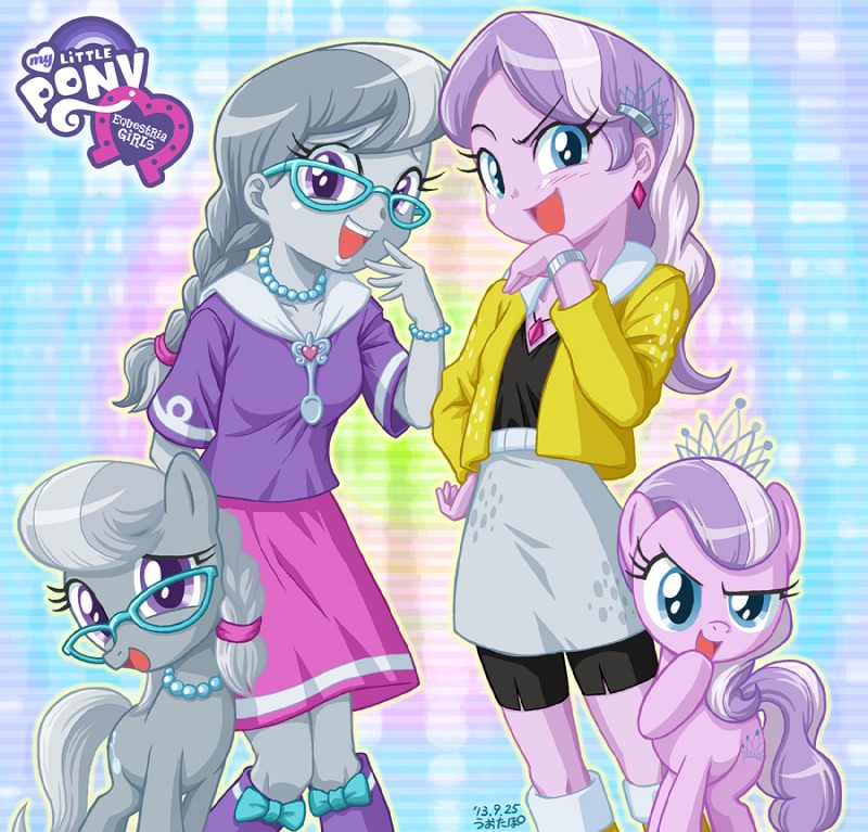 accessory blue_eyes bracelet clothing crown cutie_mark ear_piercing eyewear female feral glasses grey_hair group hair hair_accessory hairpin headgear jewelry multicolored_hair necklace piercing pink_hair purple_eyes standing tiara two_tone_hair white_hair young young_female young_feral young_human uotapo equestria_girls friendship_is_magic hasbro my_little_pony diamond_tiara_(eg) diamond_tiara_(mlp) silver_spoon_(eg) silver_spoon_(mlp) earth_pony equid equine horse human mammal pony 2013