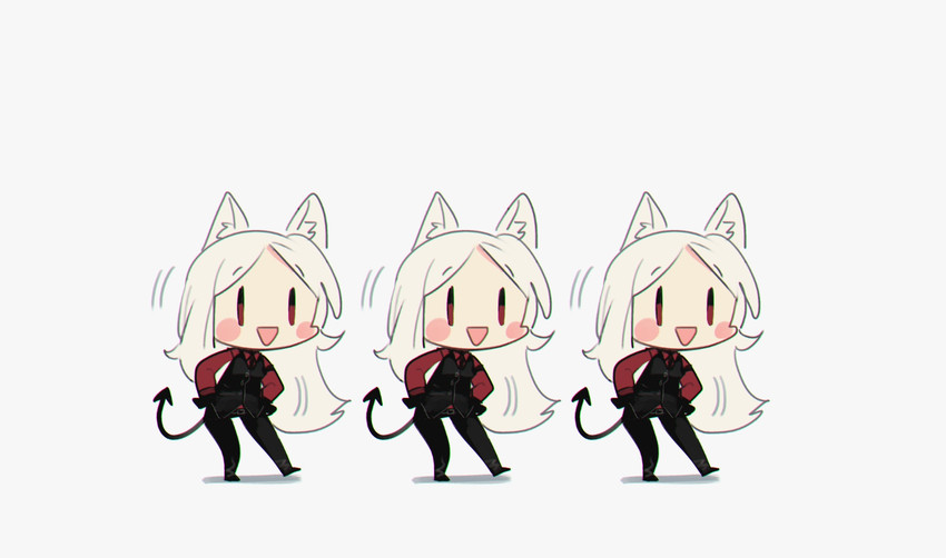 bottomwear chibi clothing dancing dress_shirt female gloves group hair handwear long_hair necktie open_mouth pants shirt simple_background spade_tail tail topwear vest white_background white_body white_hair white_skin porforever helltaker cerberus_(helltaker) animal_humanoid canid canid_humanoid canine canine_humanoid demon demon_humanoid dog_humanoid humanoid mammal mammal_humanoid hi_res