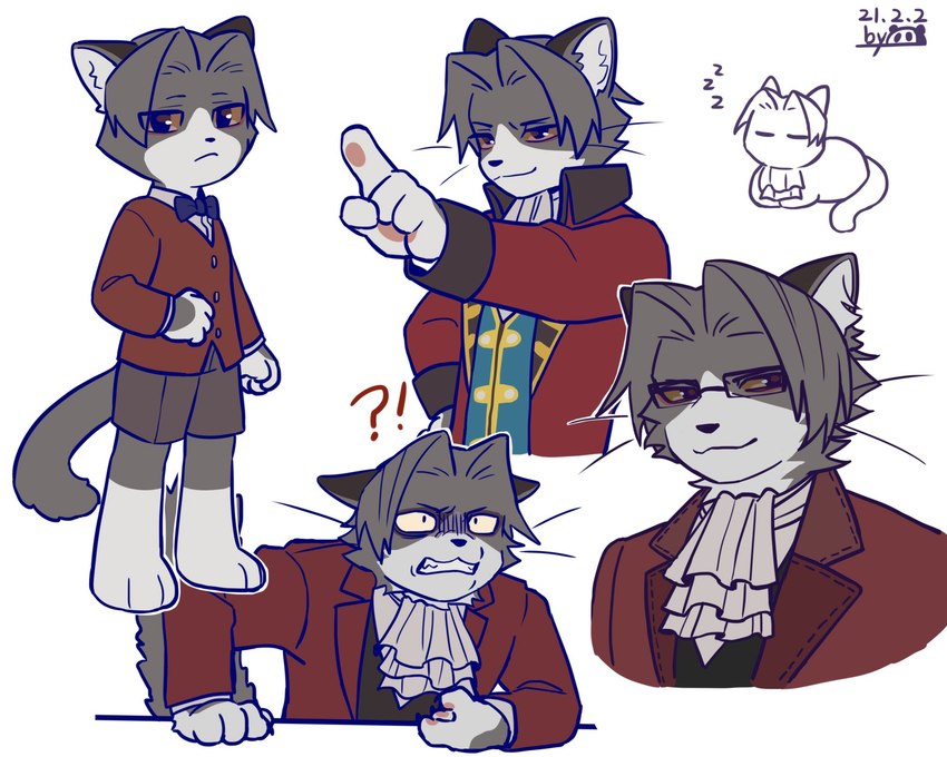 alternate_species anthro clothed clothing eyewear furrification glasses interrobang looking_at_viewer male smile smug solo young karasuma_wasabi ace_attorney capcom miles_edgeworth domestic_cat felid feline felis mammal 5:4 hi_res