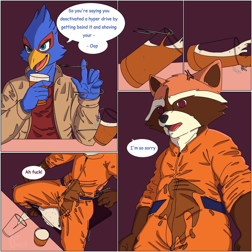 alcohol anthro beak beer beverage blue_eyes border brown_body brown_fur clothed clothing dialogue duo fur male male/male open_mouth simple_background smile speech_bubble spill text wet wet_clothing white_border overunder guardians_of_the_galaxy marvel nintendo star_fox falco_lombardi rocket_raccoon avian bird canid canine mammal procyonid raccoon 1:1 comic digital_media_(artwork) english_text hi_res