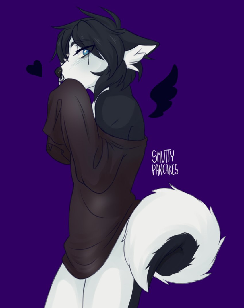 anthro black_body black_fur black_hair blue_eyes clothing facial_piercing femboy fur hair makeup male nose_piercing piercing solo smutty_pancakes rivey_ravenheart canid canine canis domestic_dog husky mammal nordic_sled_dog spitz hi_res