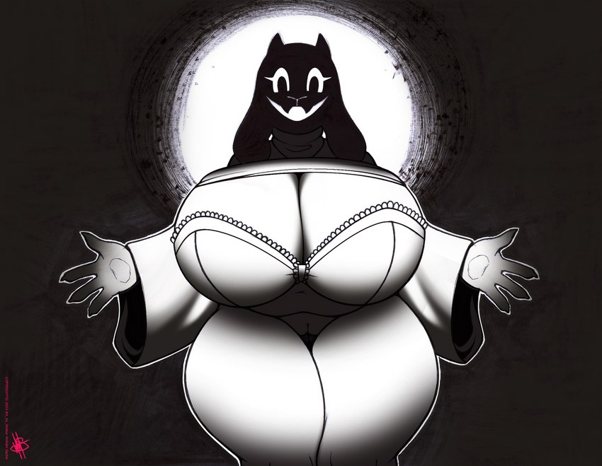 analog_horror anthro big_breasts bra breasts clothing creepy female genitals horror_(theme) looking_at_viewer pussy shadow_face smile solo underwear wide_hipped_female wide_hips walter_sache mandela_catalogue undertale_(series) toriel alternate_(species) bovid caprine goat mammal absurd_res black_and_white crossover hi_res monochrome traditional_media_(artwork) unfinished