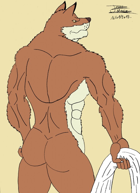 anthro male muscular muscular_anthro muscular_male nude rear_view solo maxime-jeanne bleach_(series) sajin_komamura canid canine canis mammal wolf 2013 hi_res