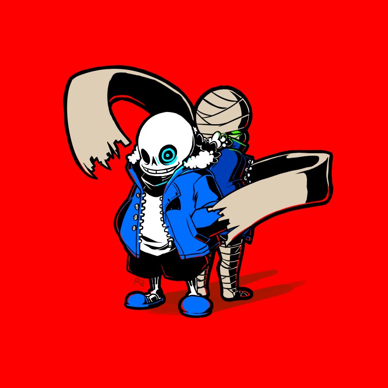 1_eye bandage blue_eyes bone clothing duo female footwear green_eyes jacket male not_furry red_background shadow shoes simple_background skeleton slippers smile topwear superpietepiet nuclear_throne undertale undertale_(series) rebel_(nuclear_throne) sans_(undertale) animated_skeleton cyclops humanoid mummy undead 1:1 crossover hi_res