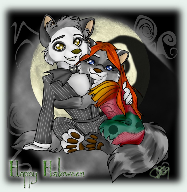 anthro blue_eyes bow_(feature) bow_tie brown_hair cosplay cuddling duo female hair holidays male male/female moon tail yellow_eyes glitterwing halloween the_nightmare_before_christmas jack_skellington malkil sally_(tnbc) canid canine canis mammal procyonid raccoon wolf