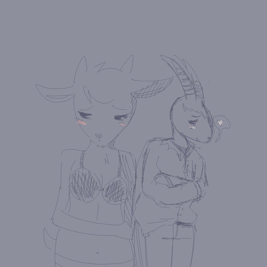 2_horns anthro blush bottomwear bra breasts clothing collared_shirt denim denim_bottomwear denim_clothing dress_shirt duo eyebrows eyelashes female grey_background hair heart_symbol horn jeans male male/female medium_breasts navel pants scut_tail shirt short_tail simple_background snout speech_bubble tail topwear underwear yattermang nan_quest henry_(nq) nan_(nq) antelope bovid caprine gazelle goat mammal 1:1 2010