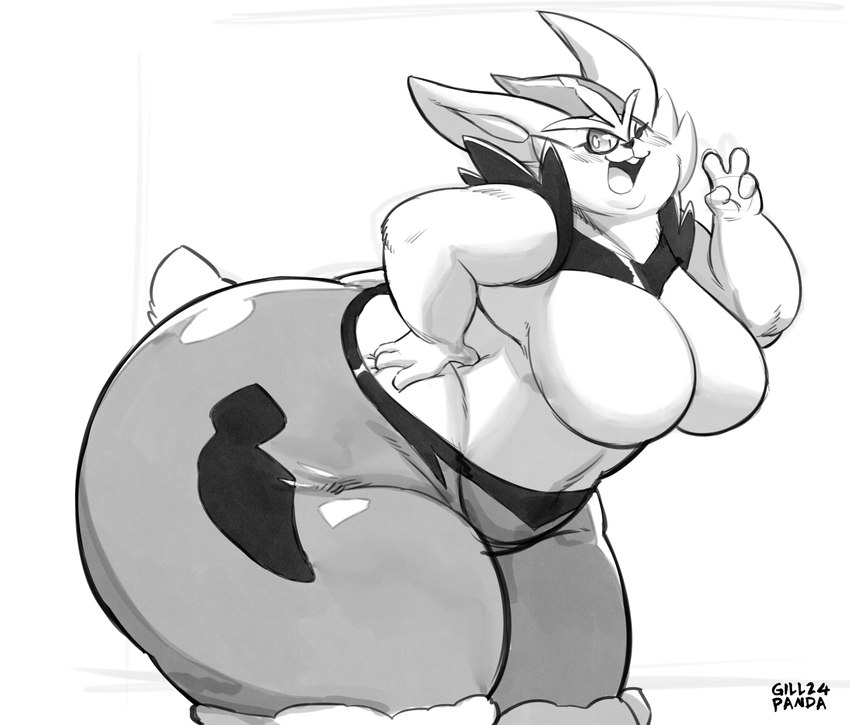 anthro big_butt blush blush_lines breasts butt female hand_on_hip huge_butt hyper leaning leaning_forward looking_at_viewer one_eye_closed open_mouth overweight scut_tail short_tail simple_background solo standing tail thick_thighs white_background wink gillpanda nintendo pokemon cinderace generation_8_pokemon pokemon_(species) 2024 digital_drawing_(artwork) digital_media_(artwork) hi_res monochrome signature