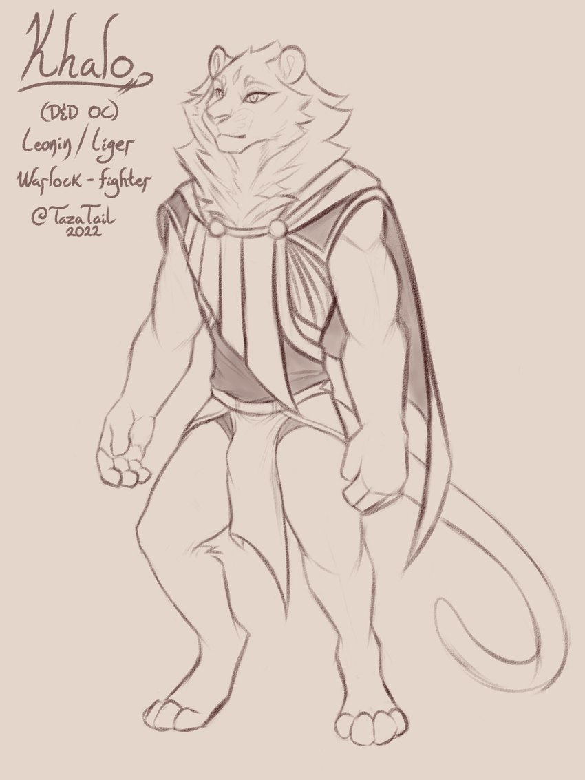 anthro bare_thighs big_hands biped bottomwear bulge cape clothing fantasy flowing_cape flowing_clothing flowing_mane fluffy loincloth long_tail looking_away magic_user male pretty_face pupils slit_pupils solo tail tazatail dungeons_and_dragons hasbro magic:_the_gathering wizards_of_the_coast khalo catfolk felid hybrid leonin liger lion mammal pantherine 3:4 digital_drawing_(artwork) digital_media_(artwork) hi_res model_sheet