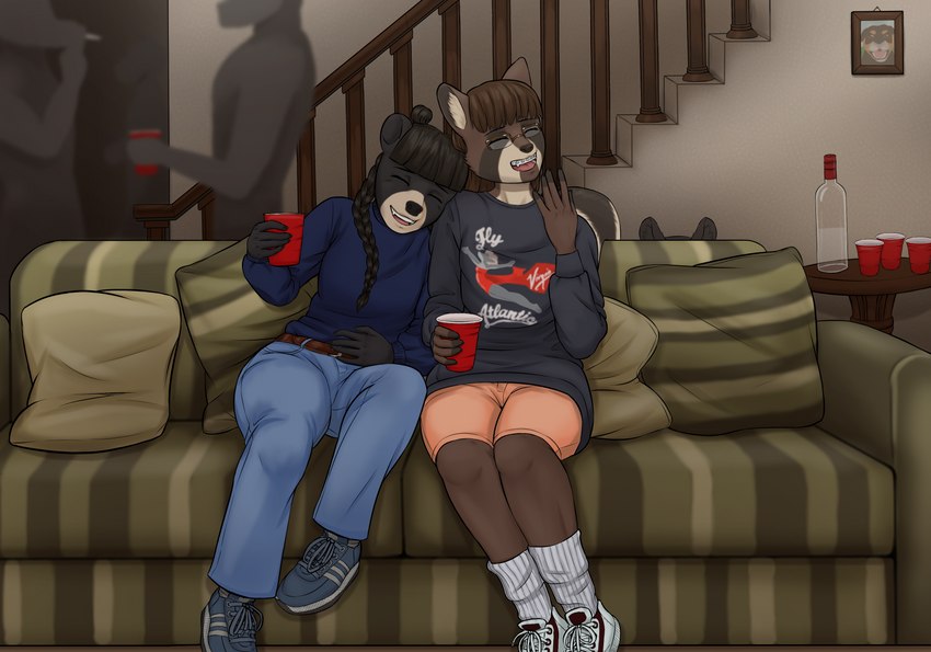 alcohol ambiguous_gender anthro beverage braces clothed clothing duo_focus eyewear female female/female glasses group highschool laugh party smoking torfur background_character marie_liang_lei samantha_flores bear black_bear mammal moon_bear procyonid raccoon ursine 2022 absurd_res hi_res