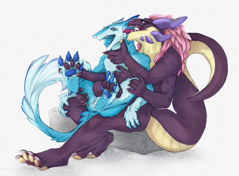 big_tail duo eyewear foot_rub glasses hug male multi_arm multi_limb on_lap pawpads paws sitting tail lar_dormant mythology blusky halley kumo dragon mythological_creature mythological_scalie scalie sergal absurd_res hi_res