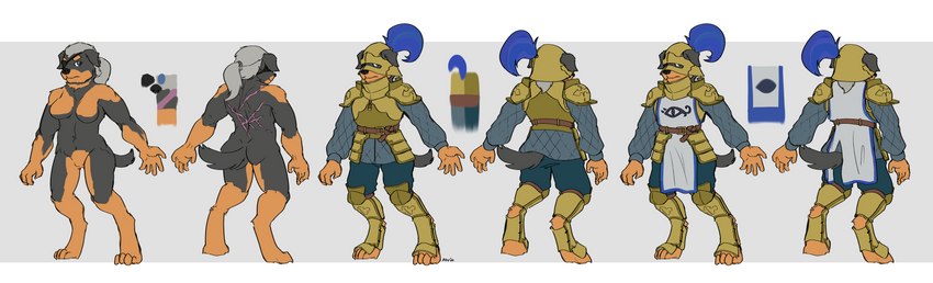 anthro armor belt clothed clothing color_swatch eye_patch eyewear female hair nude plate_armor ponytail scar simple_background solo tabard revertigo delilah_(bec) canid canine canis domestic_dog mammal mastiff molosser rottweiler absurd_res flat_colors hi_res model_sheet