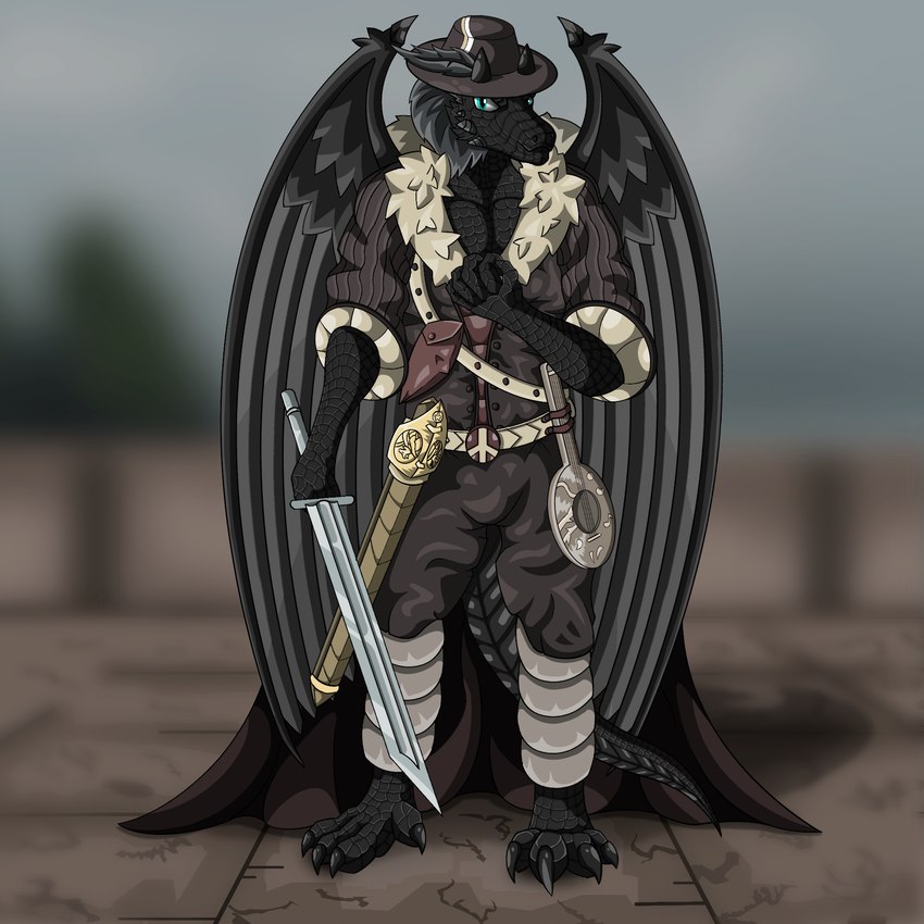 anthro armor black_body black_scales clothing hat headgear headwear lute male melee_weapon musical_instrument plucked_string_instrument scales solo string_instrument sword weapon wings blen4k dungeons_and_dragons hasbro wizards_of_the_coast dragonborn_(dnd) scalie 1:1 2022 hi_res