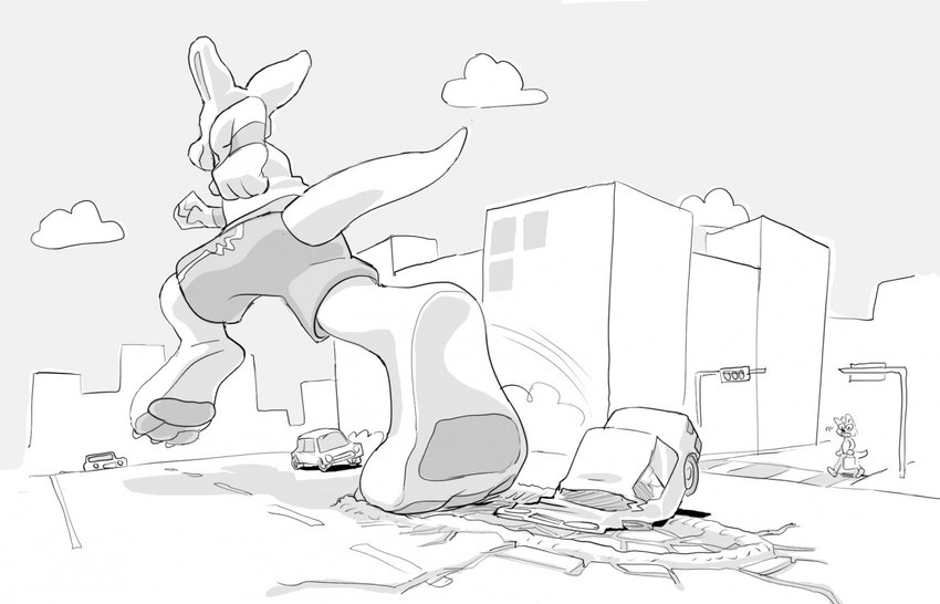 3_toes anthro barefoot building car car_destruction clothed clothing cloud destruction feet jogging macro male pawpads paws soles solo_focus tail thick_tail toes traffic_light vehicle vexyvoo kangaroo macropod mammal marsupial 2022 monochrome