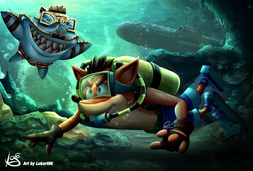 4_fingers 4_toes anthro bottomwear clothing enemy feet fingers footwear male scuba scuba_tank sharp_teeth shoes shorts snorkel solo submarine teeth text toes vehicle watercraft lukart96 activision crash_bandicoot_(series) crash_bandicoot bandicoot fish mammal marine marsupial 2022 artist_name hi_res watermark