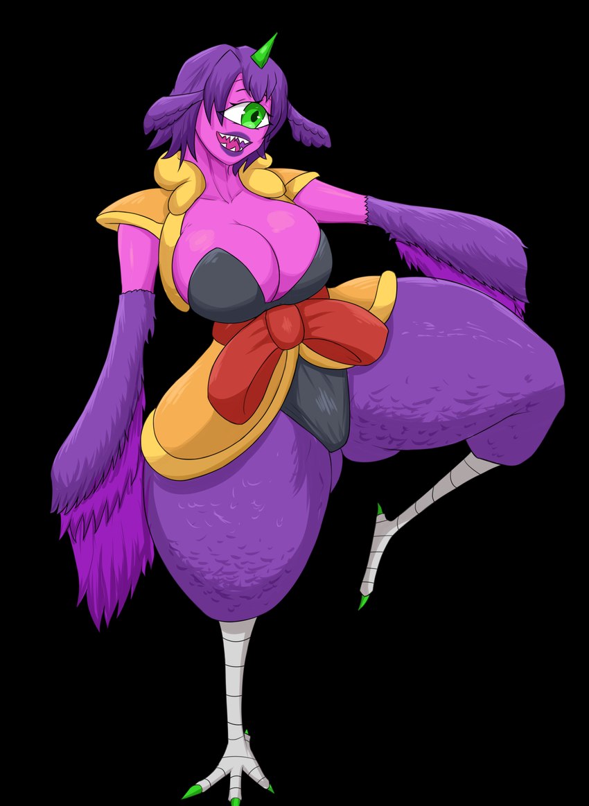 1_eye 1_horn big_breasts big_butt breasts butt cleavage clothed clothing feathered_wings feathers feet female green_eyes green_horn hair head_wings horn leotard lipstick makeup monoeye purple_body purple_hair purple_skin sharp_teeth short_hair solo talons teeth thick_thighs toes topwear unusual_wing_placement vest wide_hips winged_arms wings artistdex heketa_(deathwing_vt) horned_humanoid humanoid purple_people_eater winged_humanoid absurd_res alpha_channel hi_res