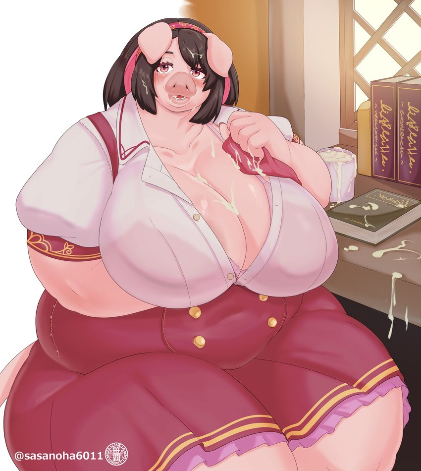 ambiguous_fluids anthro big_breasts black_hair book bottomwear breasts cleavage clothed clothing curvy_figure desk female furniture hair holding_object holding_rag huge_breasts hyper inside looking_at_viewer obese open_mouth overweight overweight_female pink_body pink_eyes pink_skin rag red_bottomwear red_clothing red_skirt shirt short_hair sitting skirt solo suggestive table thick_thighs topwear translucent translucent_clothing voluptuous white_clothing white_shirt white_topwear wide_hips window sasanoha6011 domestic_pig mammal suid suine sus_(pig) absurd_res hi_res