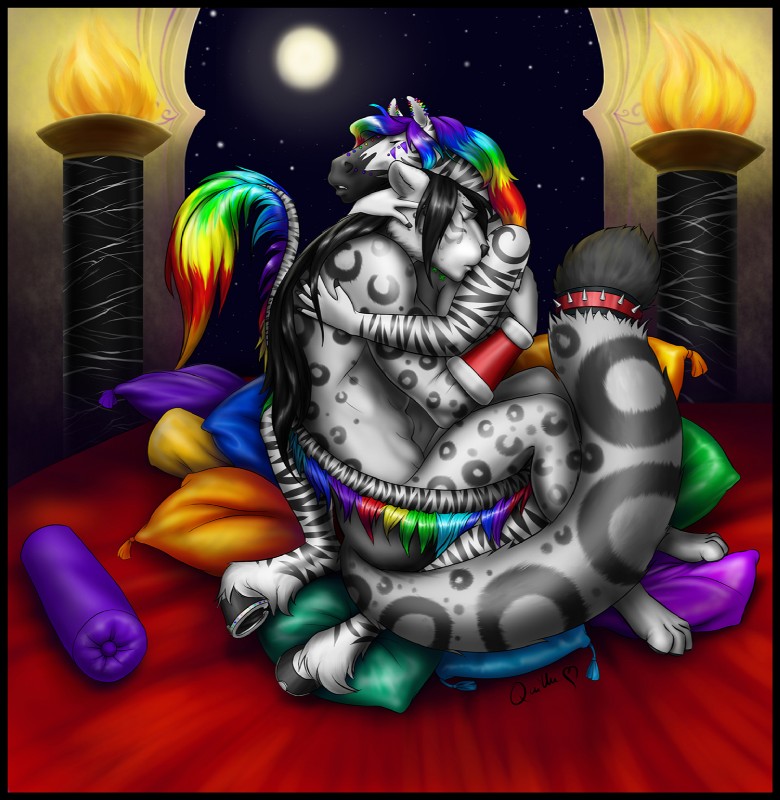 anthro black_border bodily_fluids border crying detailed_background duo ear_piercing female fire leopard_spots male night nude piercing pillar pillow rainbow rainbow_piercings sky sparklefur spots star starry_sky stripes tail tail_tuft tears tuft quillu zavian anailaigh zeolf felid leopard mammal pantherine snow_leopard digital_media_(artwork) hi_res