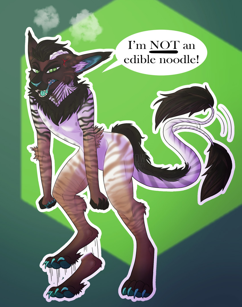 4_toes annoyed anthro claws dialogue feet fur green_eyes hair male pawpads solo stomping stripes teal_nose teal_pawpads teal_tongue text toe_claws toes tongue deanwolfwood eddie_(zephyr_the_yeen) mammal vernid 2021 english_text hi_res