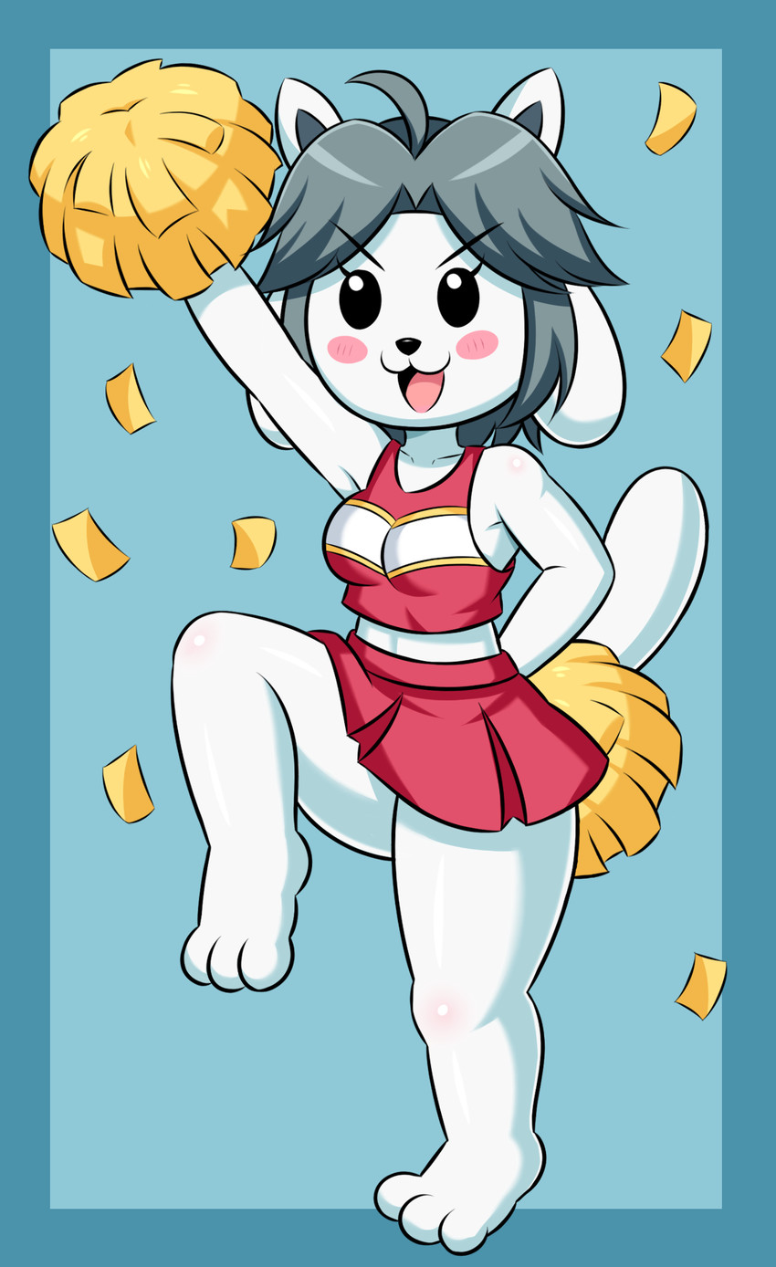 anthro blush breasts cheerleader cheerleader_outfit clothed clothing female fur hair solo thick_thighs white_body white_fur wide_hips huitu_c undertale undertale_(series) temmie_(undertale) canid canine canis domestic_dog mammal tem hi_res