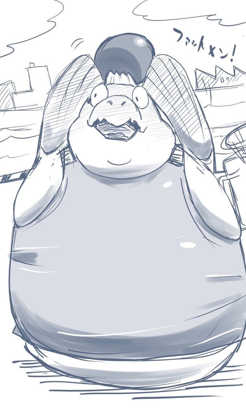 anthro belly cannonball clothing flat_top male overalls overweight overweight_male smile solo text dain_4201 nintendo splatoon big_shot_(splatoon) fish marine salmonid_(splatoon) 3:5 greyscale hi_res japanese_text monochrome sketch translation_request