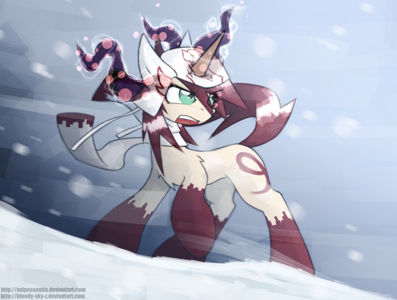 blue_eyes cutie_mark female feral gradient_background horn magic open_mouth outside scarf simple_background snow solo standing queenbloodysky vulpessentia hasbro my_little_pony mythology fan_character equid equine mammal mythological_creature mythological_equine unicorn absurd_res artist_collaboration hi_res