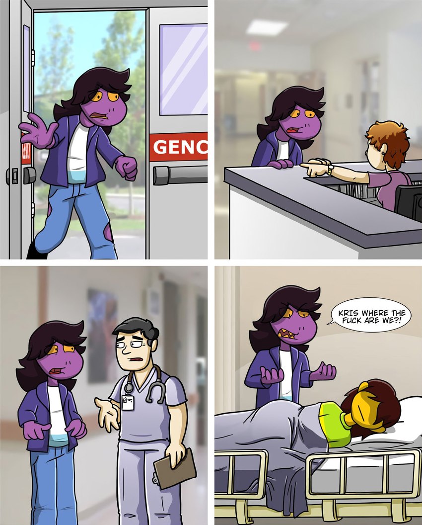 ambiguous_gender angry anthro bottomwear clothed clothing dialogue doctor female group hospital humor male pants purple_body speech_bubble style_emulation tailless text jake_the_silent third-party_edit ctrl+alt+del deltarune kris_where_are_we loss undertale_(series) kris_(deltarune) susie_(deltarune) human mammal monster reptile scalie 2021 comic english_text hi_res meme