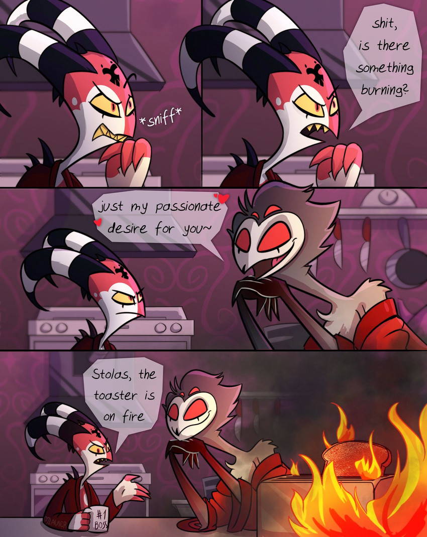 4_panel_comic anthro appliance beak bread clothing detailed_background dialogue duo feathers fire food grey_body grey_feathers heart_symbol horn humor kitchen kitchen_appliance male oven red_body red_clothing red_eyes red_robe red_skin robe smile smoke sound_effects teeth text toast toaster white_body white_skin yellow_sclera yellow_teeth mlavieer helluva_boss blitzo_(helluva_boss) stolas_(helluva_boss) avian bird demon demon_humanoid humanoid imp owl owl_demon 2021 artist_name colored comic english_text hi_res signature