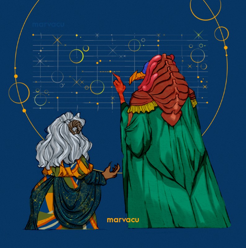 ambiguous_gender astronomy beak claws clothed clothing diagram dress duo emotional fingers grey_hair hair horn rear_view robe simple_background text marvacu the_dark_crystal aughra skektek_(tdc) alien avian bird humanoid mammal monster skeksis 2019 digital_drawing_(artwork) digital_media_(artwork) english_text