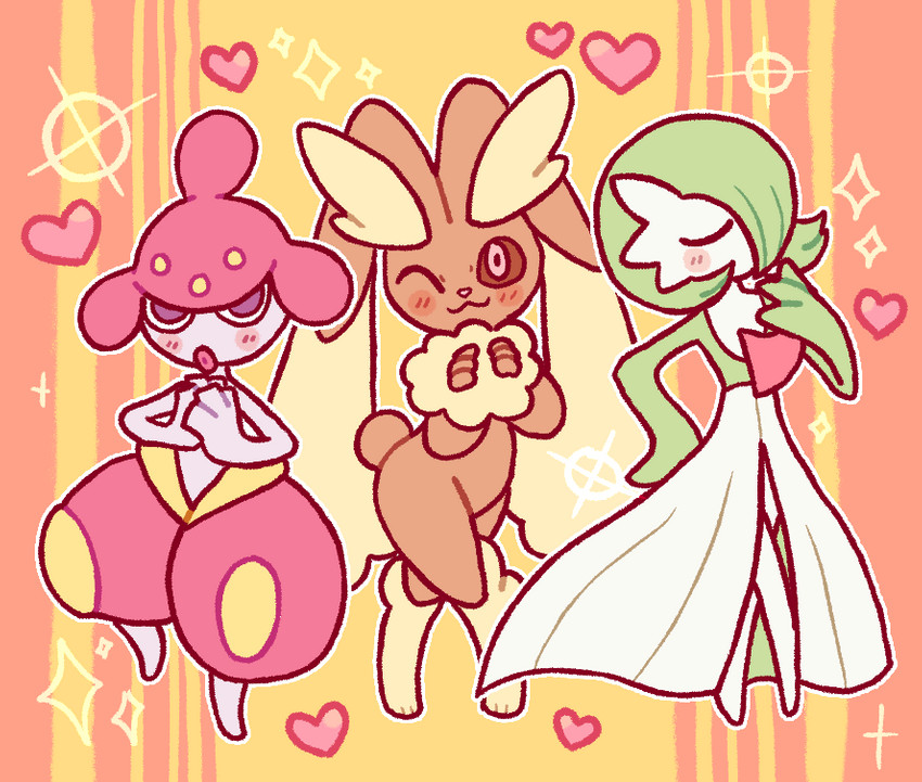 ambiguous_gender blush brown_body chibi clothing dress eyes_closed green_body group heart_symbol lips markings one_eye_closed orange_background pink_eyes pink_nose purple_body purple_eyes semi-anthro simple_background trio white_body wink kcdoos nintendo pokemon gardevoir generation_3_pokemon generation_4_pokemon lagomorph lopunny mammal medicham pokemon_(species) 2019