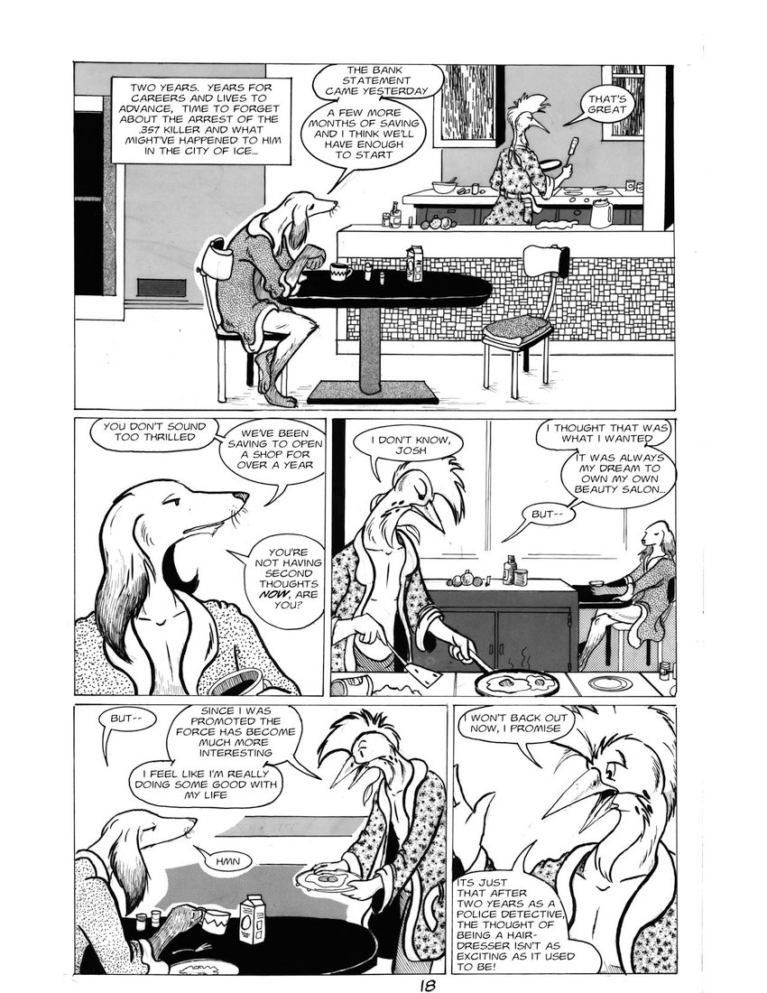 anthro barefoot bathrobe beak chair clothing cooking dialogue duo eye_contact feet fried_egg furniture inside kitchen kitchen_utensils looking_at_another male male/male pan robe sitting slim speech_bubble table text text_box tools roz_gibson avian bird canid canine canis domestic_dog mammal 1989 2021 black_and_white comic english_text hi_res monochrome