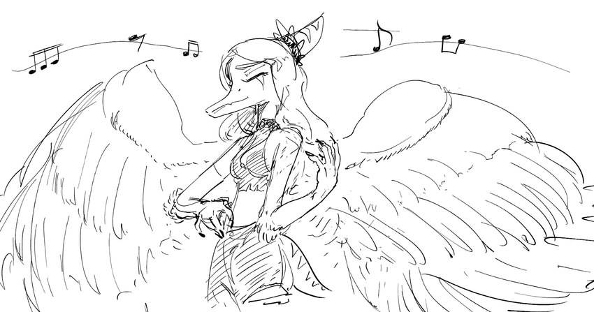 air_guitar anthro clothed clothing eyes_closed feathered_wings feathers female hair long_hair long_snout musical_note musical_symbol simple_background snout solo symbol white_background wings kheltari cavemanon_studios goodbye_volcano_high snoot_game fang_(gvh) dinosaur prehistoric_species pterodactylus pterosaur reptile scalie 2023 hi_res monochrome sketch