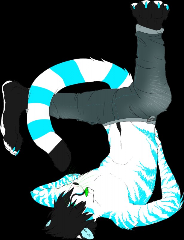 anthro black_body black_fur blue_markings bottomwear clothed clothing curled_tail eyes_closed feet fur hindpaw male markings pants paws simple_background solo stripes tail topless transparent_background whiskers white_body white_fur basillicus akiko_(basillicus) felid mammal pantherine tiger alpha_channel hi_res