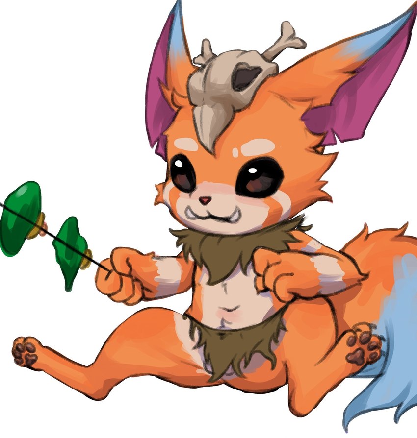 anthro balls bone bottomwear clothing genitals holding_object loincloth male partially_exposed pawpads paws sitting skull solo spread_legs spreading teeth young young_anthro xiao_langao league_of_legends riot_games tencent gnar_(lol) yordle hi_res