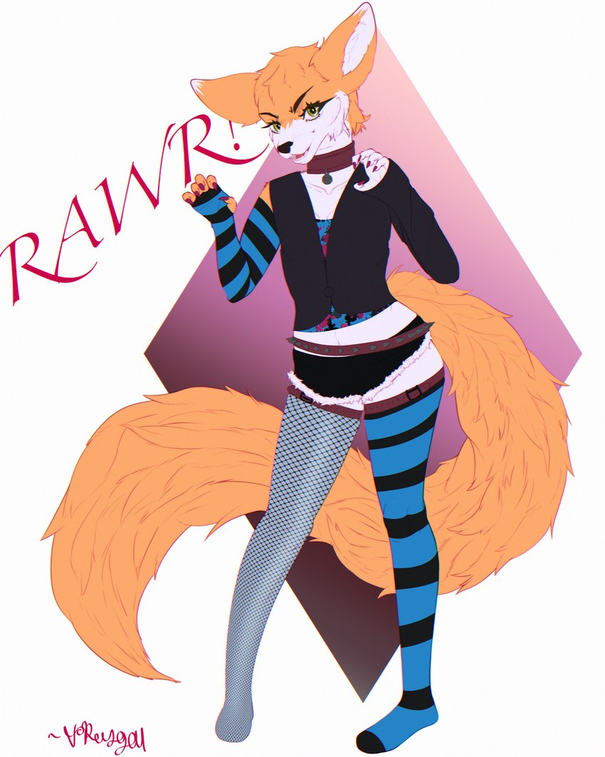 alternative_fashion arm_warmers armwear bottomwear butt clothing collar collar_tag female fishnet_clothing goth leg_warmers legwear punk rawr scene_(fashion) shorts stockings vreygal canid canine fox mammal absurd_res hi_res trans_(lore) trans_woman_(lore)
