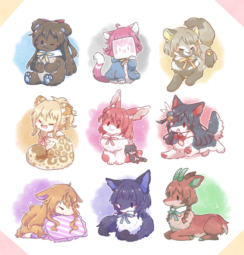 black_eyes colored_fur female feral feralized group paper plushie simple_background haneko0417 love_live! love_live!_nijigasaki_school_idol_club ai_miyashita ayumu_uehara emma_verde kanata_konoe karin_asaka kasumi_nakasu rina_tennoji setsuna_yuki shizuku_osaka yuu_takasaki bear bovid canid canine canis caprine domestic_cat domestic_dog felid feline felis fennec_fox fox goat mammal pantherine sheep true_fox wolf digital_drawing_(artwork) digital_media_(artwork) hi_res