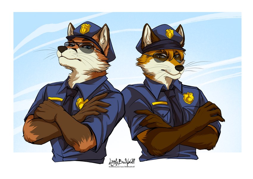 anthro back_to_back badge black_nose blue_clothing blue_eyes blue_shirt blue_topwear cheek_tuft clothed clothing collared_shirt crossed_arms dipstick_arms dipstick_ears dress_shirt duo ear_markings ears_up eyewear facial_tuft fluffy_arms fur glasses male male/male multicolored_ears neck_tuft necktie orange_body orange_eyes orange_fur police police_badge police_hat police_officer police_uniform shirt shoulder_to_shoulder simple_background sky sunglasses topwear tuft uniform whiskers white_background yellow_eyes biggoodwolf littlebadwolf doppelfoxx jakkals_van_der_bergh_(doppelfoxx) scott_(scottthefox94) canid canine fox mammal absurd_res hi_res signature