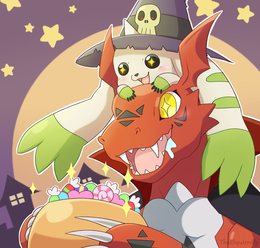 anthro beady_eyes blush candy claws clothing dessert duo food fur hat headgear headwear holidays horn long_ears male red_body sparkles sparkling_eyes white_body white_fur witch_costume witch_hat thatsquirrelly bandai_namco digimon halloween digimon_(species) guilmon terriermon hi_res