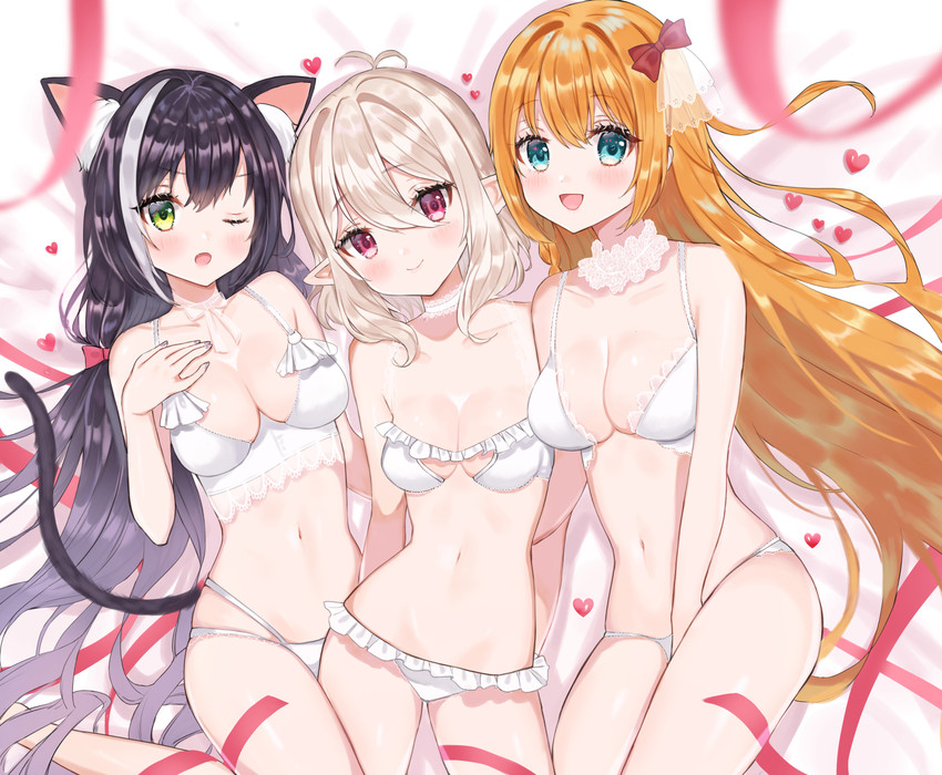 black_body black_fur black_hair blue_eyes blush breasts cleavage clothed clothing female fur green_eyes grey_hair group hair humanoid_pointy_ears long_hair medium_breasts orange_hair pink_eyes pointy_ears short_hair simple_background small_breasts underwear yuyu_(piko01) cygames princess_connect! princess_connect!_re:dive karyl_(princess_connect!) kokkoro_(princess_connect!) pecorine_(princess_connect!) animal_humanoid cat_humanoid elf felid felid_humanoid feline feline_humanoid human humanoid mammal mammal_humanoid absurd_res hi_res