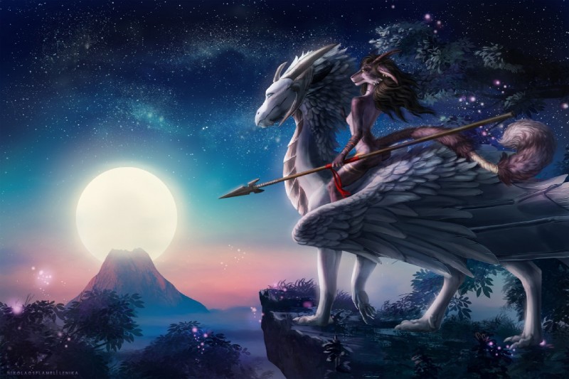 ambiguous_gender anthro biped breasts feathered_wings feathers female feral fur hair moon night outside quadruped riding_on_back sky star starry_sky tail wings lenika nikolaosflamel mythology eiswolf exusia dragon mammal mythological_creature mythological_scalie scalie 2018 artist_collaboration digital_media_(artwork)