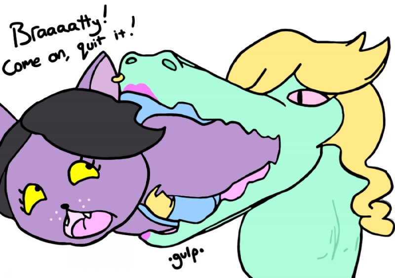 anthro black_hair blonde_hair clothed clothing duo ear_piercing fangs female female_pred fur green_body green_skin hair lipstick makeup onomatopoeia open_mouth oral_vore piercing purple_body purple_fur simple_background soft_vore sound_effects teeth text tongue vore yellow_sclera lucky_(artist) undertale undertale_(series) bratty_(undertale) catty_(undertale) alligator alligatorid crocodilian domestic_cat felid feline felis mammal reptile scalie english_text