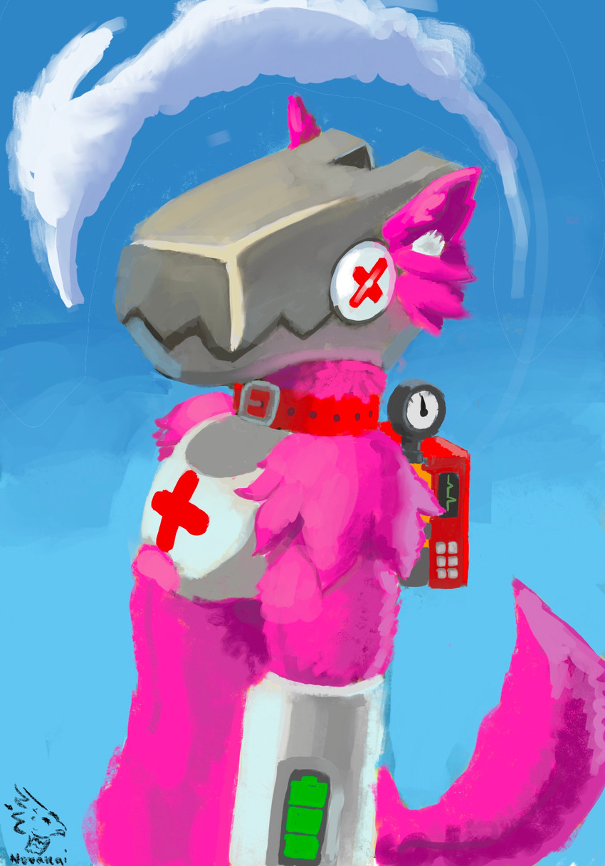 anthro armor blue_background blue_sky breastplate clothed clothing collar cybernetics fur machine male partially_clothed pink_body pink_fur simple_background sky solo standing nowakai team_fortress_2 valve subw00fer_(species) hi_res