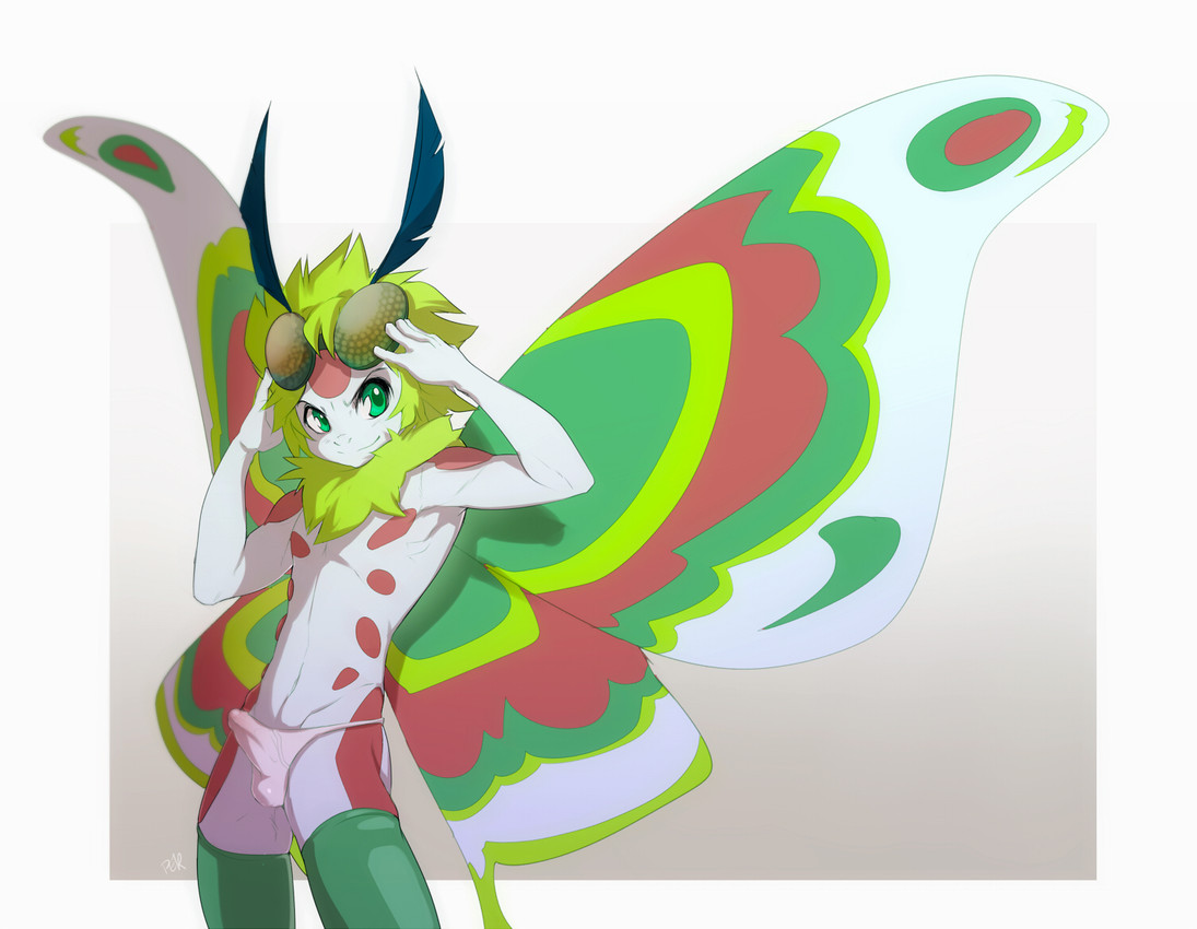 antennae_(anatomy) anthro bulge clothed clothing compound_eyes erection erection_under_clothing erection_under_underwear eyewear genitals goggles green_eyes insect_wings legwear male penis shota solo stockings tenting thong topless underwear wings young peritian zila arthropod insect lepidopteran moth