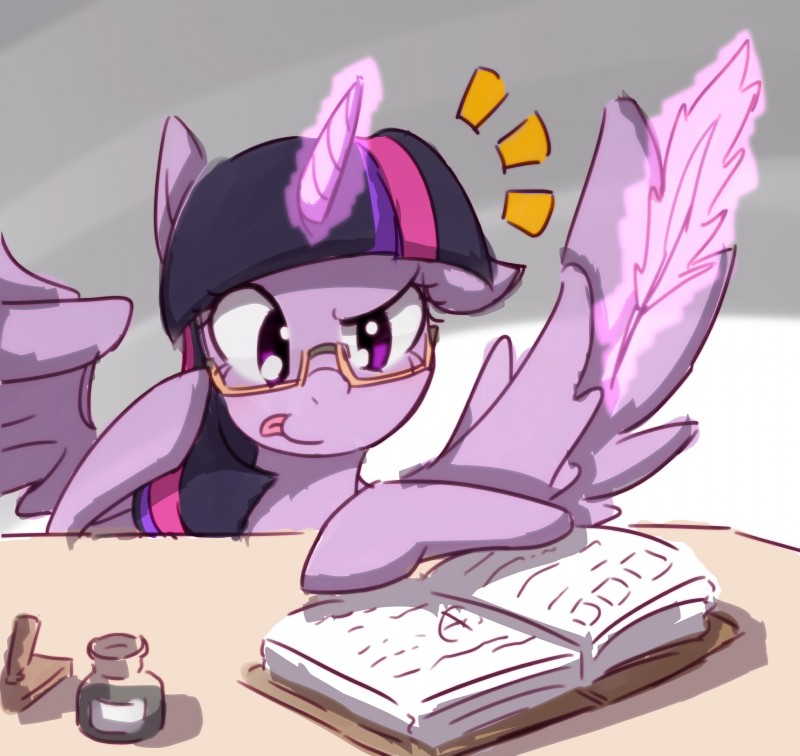 book desk eyelashes eyewear feathered_wings feathers female feral floppy_ears furniture glasses glowing glowing_horn hair hooves horn inkwell levitation loose_feather magic multicolored_hair purple_body purple_eyes purple_feathers quill smile solo spread_wings table tongue tongue_out wings akainu7 friendship_is_magic hasbro my_little_pony mythology twilight_sparkle_(mlp) equid equine mammal mythological_creature mythological_equine winged_unicorn 2016 absurd_res hi_res portrait