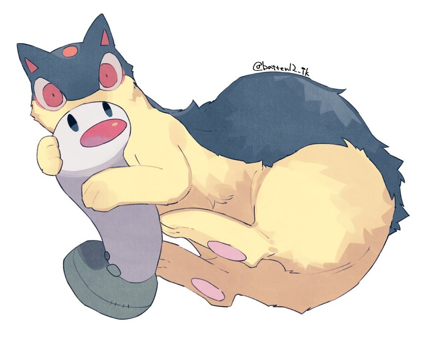 ambiguous_gender blue_body blue_fur feral fur looking_at_viewer multicolored_body pawpads paws playing plushie red_eyes simple_background solo toy two_tone_body white_body yellow_body yellow_fur batten12 nintendo pokemon generation_2_pokemon generation_9_pokemon pokemon_(species) quilava wiglett 2025 signature