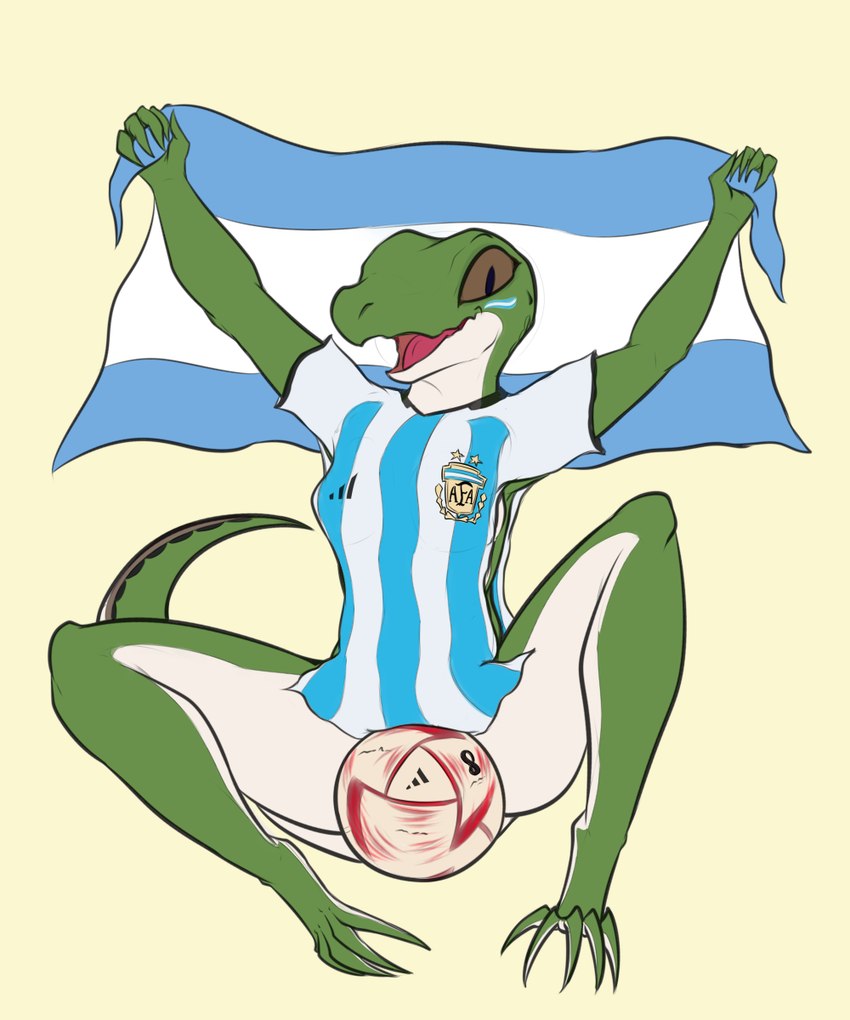 anthro argentina argentine_flag ball biped bottomless clothed clothing convenient_censorship female flag smile soccer_ball soccer_uniform solo sportswear tail uniform vagoncho fifa hinampa_(vagoncho) lizard reptile scalie 2022 5:6 hi_res