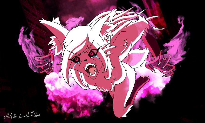 angry anthro attack black_sclera bodily_fluids breasts burning chest_tuft claws crying elemental_manipulation fangs featureless_breasts female fire fire_manipulation fur gloves_(marking) hair inner_ear_fluff leg_markings long_hair markings messy_hair nude open_mouth pink_body pink_eyes pink_fur showing_teeth socks_(marking) solo tears teeth tuft white_body white_claws white_fur white_hair nikku_lunatique charlie_(nikku_lunatique) canid canine canis fox mammal hi_res