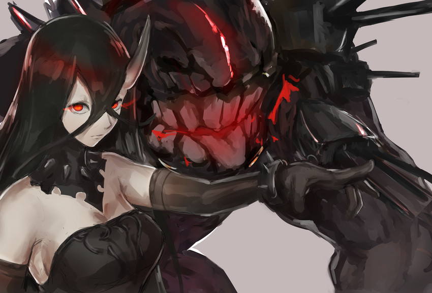 armwear black_body black_hair black_skin clothing dress duo elbow_gloves female gesture gloves hair hand_gesture handwear horn pointing red_eyes melonnn kantai_collection battleship_water_oni abyssal_(kancolle) demon horned_humanoid humanoid monster shinkaisei-kan hi_res