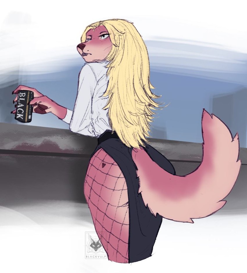 anthro blonde_hair canned_drink clothing female fishnet_clothing hair heart_symbol heart_tattoo lips markings mole_(marking) solo tail tattoo thick_bottom_lip blackvulp canid canine mammal